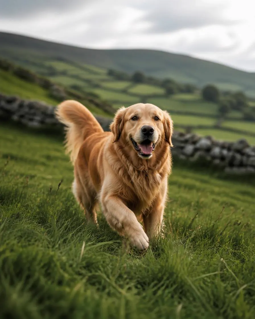 A happy golden retriever trotting through a green Irish meadow